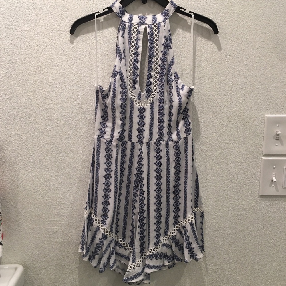 LF Store White and Blue Ruffle Hem Romper